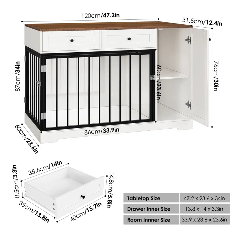 Ansel 47.2" W Big Furniture Style Wooden Large Dog Crate Furniture, Dog Kennel Cage Indoor