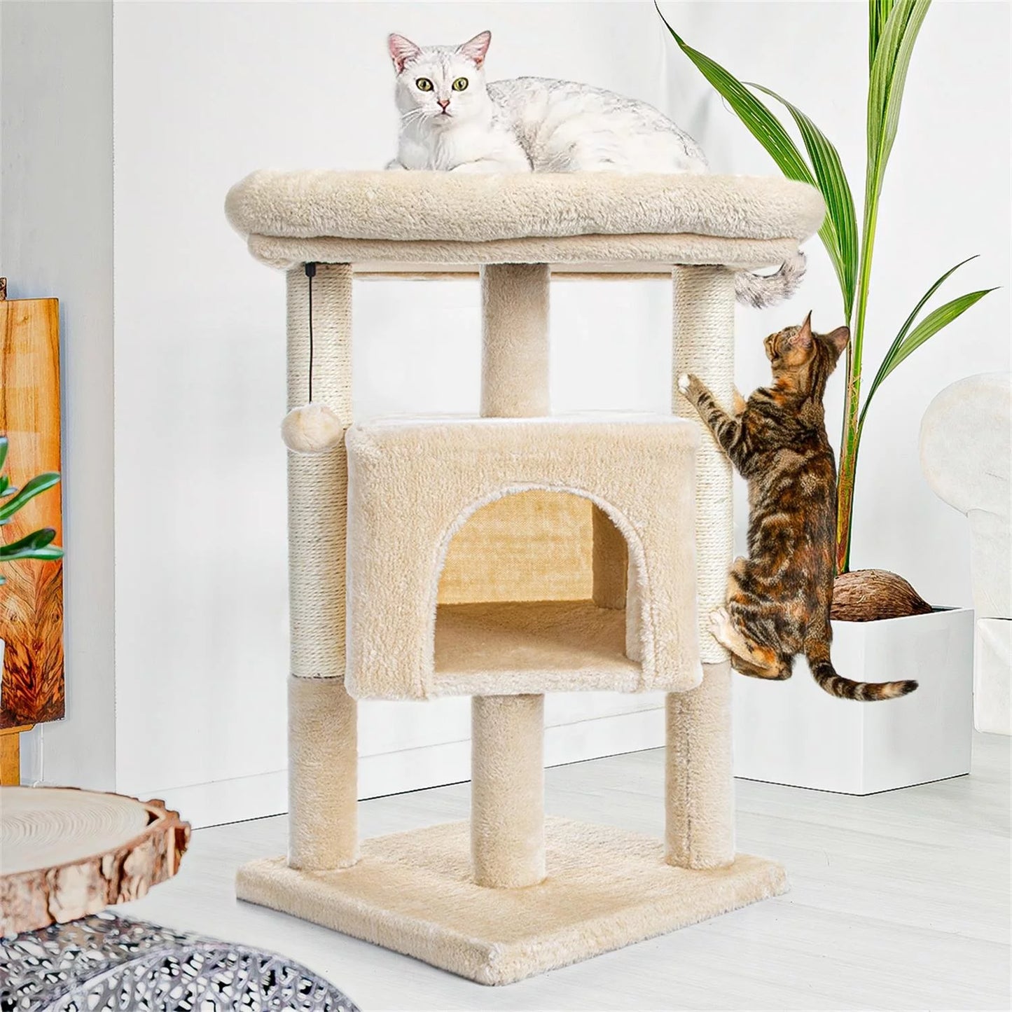 29" Cat Tree Tower for Indoor Cats Cat Condo with Sisal Scratching Posts, Plush Perch, Cat Bed Furniture, Beige